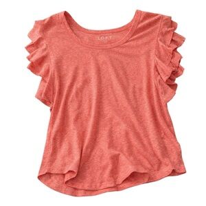 LOFT Coral Ruffle Sleeve Top Medium Flutter Sleeve Pink Heather Cotton Blend Tee